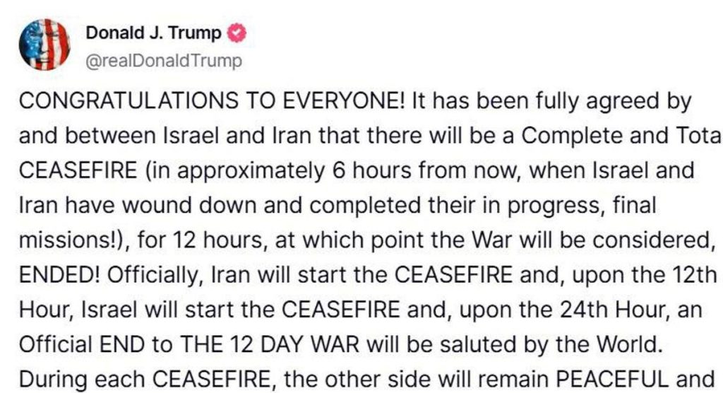 Iran, Israele e la ‘pace su Truth’: cessate il fuoco è un annuncio di Trump