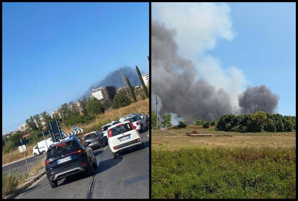 Roma, vasto incendio a Piana del Sole: fiamme vicino a Fiumicino