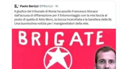 Fotomontaggio con cronista imbavagliato e bandiera Br Storace assolto a Roma