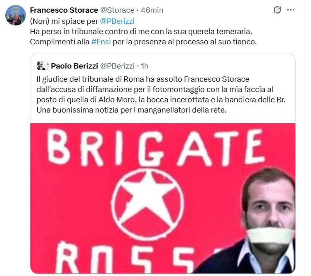 Fotomontaggio con cronista imbavagliato e bandiera Br Storace assolto a Roma