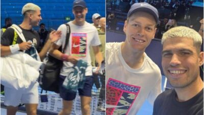 Sinner Alcaraz risate e selfie allenamento show a Torino. E Jannik vince il set