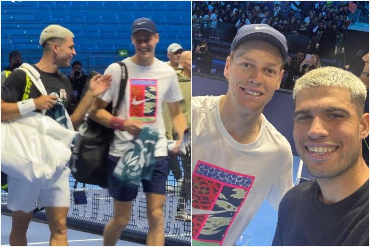 Sinner Alcaraz risate e selfie allenamento show a Torino. E Jannik vince il set